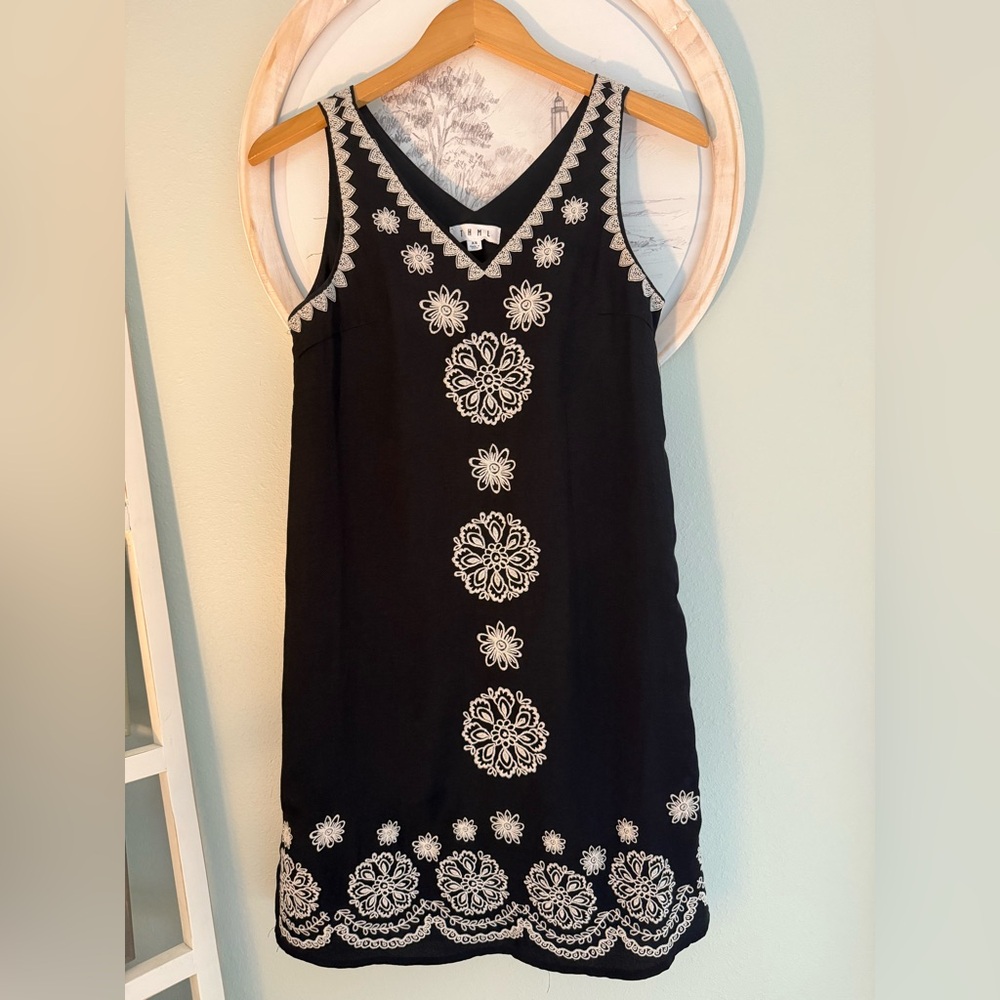 THML Black and White Embroidered Midi Dress